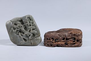 Large Chinese Jade Boulder and Wood Stand