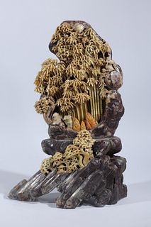 Large Chinese Jade Carving on Soapstone Bamboo Mountain Sculpture