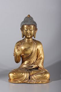 Tibetan Buddha Gilt Copper and Stone Statue