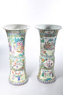 Two Tall Chinese Enameled Porcelain Gu-Form Vases