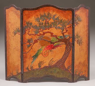 Arts & Crafts Bonsai Tree & Crane 3-Panel Screen c1920s