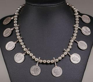 Navajo Sterling Silver Barber Dimes Necklace c1930s