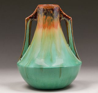 Fulper Pottery Two-Vandled Copperdust & Green Flambe Vase c1910