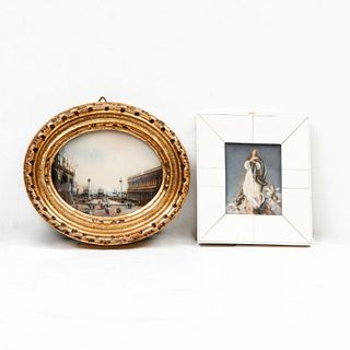 ANÓNIMO Lote de 2 obras miniatura. Virgen y Vista de Venecia Gouache sobre gutapercha. Enmarcadas, una con marco de marfil.