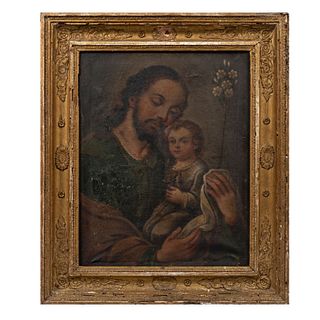 ANÓNIMO. San José con el Niño. Óleo sobre tela. Enmarcado. Detalles de conservación y desprendimiento de capa pictórica.