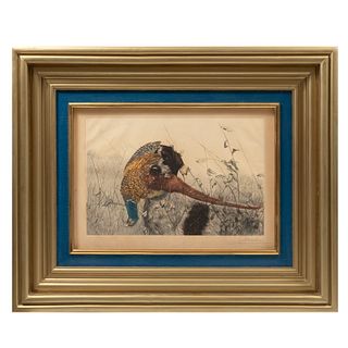 LÉON DANCHIN (1887-1938) Perro con faisán. Firmado. Grabado. Enmarcado. 37 x 56 cm