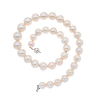 Collar de perlas y metal base. 35 perlas cultivadas color crema de 11 a 15 mm. Peso: 107.5 g.