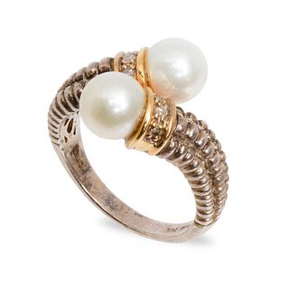 Ring, 14K gold silver pearl bypass ring