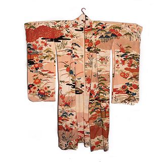 Japanese circa 1920s vintage handwoven silk formal crested furisode kimono, hand decorated