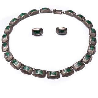 signed Necklace and Earrings, Malachite and Sterling Silver, Mexico