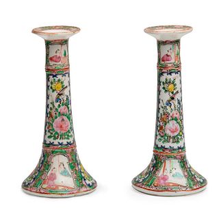 Pair of Chinese Asian Canton Rose Medallion Candlesticks Turn of the century