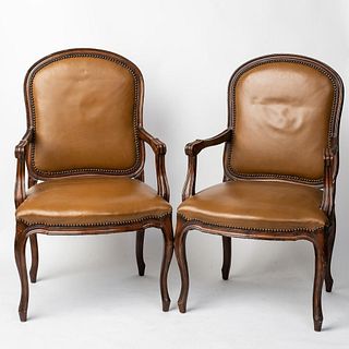 Pair of Louis XV Leather upholsteredÂ fruit wood Chairs