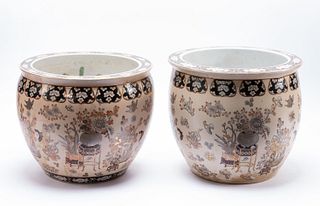 PAIR, CHINESE FLORAL PATTERNED FISHBOWL PLANTERS