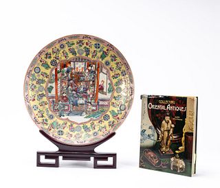 CHINESE FAMILLE ROSE CHARGER ON STAND WITH BOOK