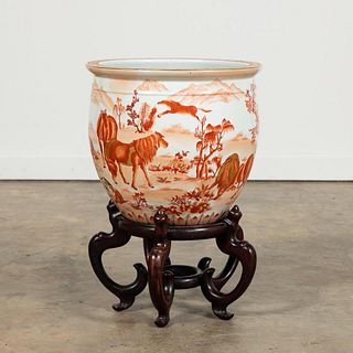 CHINESE RUST & WHITE HORSES FISH BOWL ON STAND