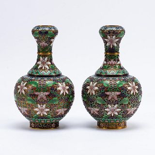 PAIR, CHINESE CLOISONNE LOTUS SUANTOUPING VASES