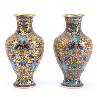 PAIR, CHINESE LOTUS PATTERNED CLOISONNE VASES