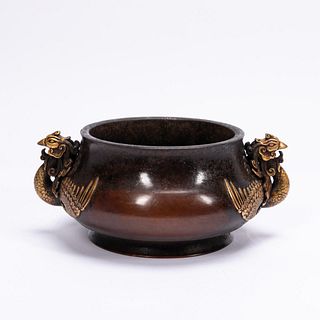 CHINESE HEAVY TWO-TONED BRONZE HANDLED BOWL