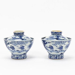 4PCS, PAIR CHINESE BLUE & WHITE COVERED BOWLS