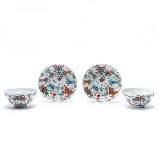 4PCS, PAIR CHINESE BUTTERFLY BOWLS AND UNDERPLATES
