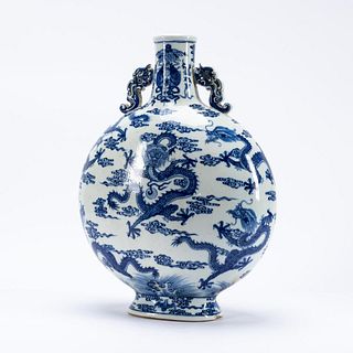 CHINESE BLUE & WHITE DRAGON & PEARL MOON FLASK