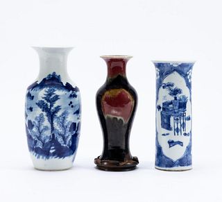 3 PIECES, CHINESE PORCELAIN VASES, BLUE & WHITE