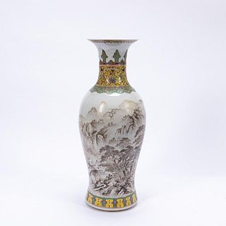 CHINESE TALL FAMILLE ROSE LANDSCAPE VASE