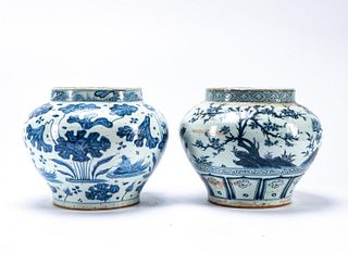 TWO CHINESE SIMILAR BLUE & WHITE STORAGE JARS