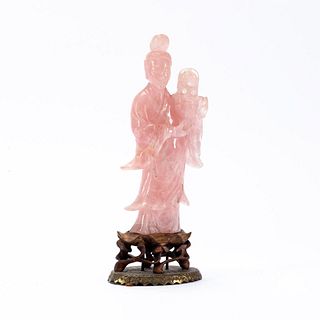 CHINESE ROSE HARDSTONE STANDING QUANYIN ON BASE