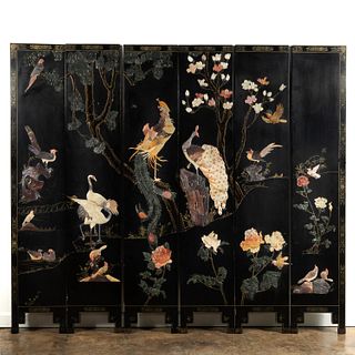 CHINESE SIX-PANEL LACQUER & HARDSTONE FLOOR SCREEN