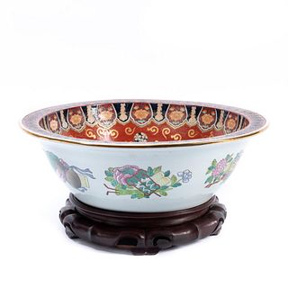 CHINESE IMARI PEACOCK PORCELAIN BASIN ON STAND