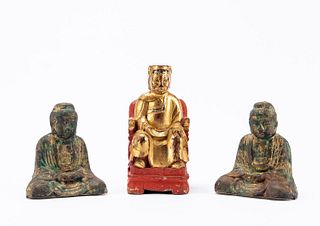 THREE ASIAN BUDDHA FIGURES, ONE GILTWOOD