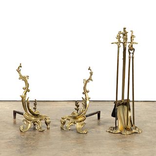 LOUIS XV STYLE BRASS CHENETS AND FIREPLACE TOOLS