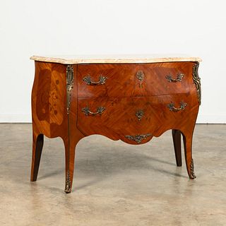 20TH C. LOUIS XV STYLE MARBLE TOP BOMBE COMMODE
