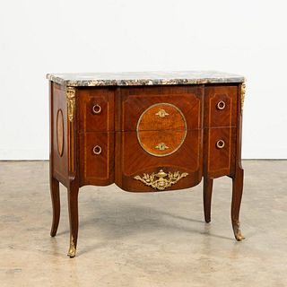 20TH C. LOUIS XV STYLE MARBLE TOP INLAID COMMODE
