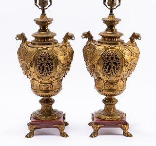 PAIR, 19TH C. GILT BRONZE URN LAMPS WITH GRIFFINS