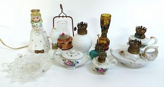 Assorted Porcelain And Glass Oil Lamp Pieces