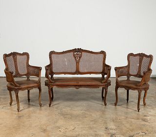 19TH/20TH C. FRENCH CANED SETTEE & TWO CHAIRS