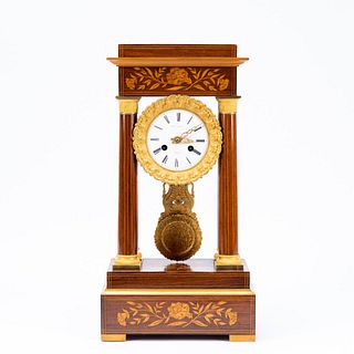 19TH C. FRENCH MARQUETRY INLAID PORTICO CLOCK