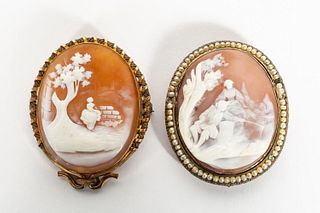 TWO OVAL CARVED CAMEO BROOCHES, FIGURAL