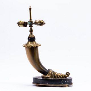 CHAPMAN FAUX HORN, BRASS, AND MARBLE DESK LAMP