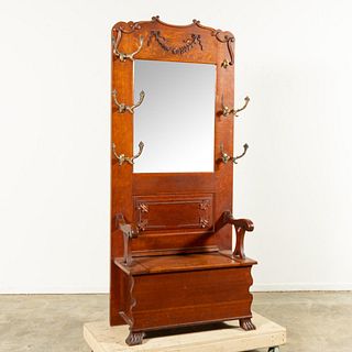 TIGER OAK HALL TREE WITH MIRROR AND SEAT, C. 1900