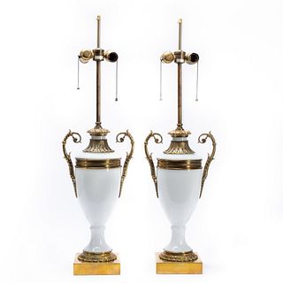 PAIR, WARREN KESSLER WHITE OPALINE TABLE LAMPS
