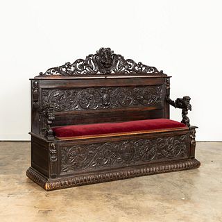 RENAISSANCE REVIVAL STYLE CARVED WOODEN HALL BENCH