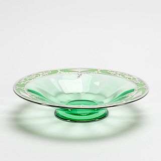 HAWKES SILVER OVERLAY GREEN GLASS LOW BOWL