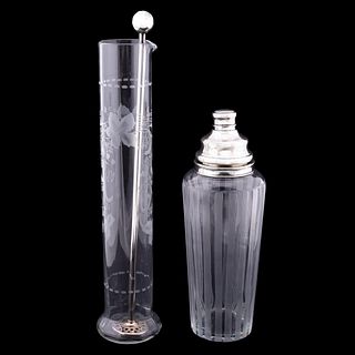 2 HAWKES ETCHED GLASS & STERLING COCKTAIL SHAKERS