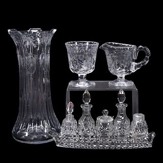 9PC GROUP CUT & ETCHED GLASS TABLEWARE