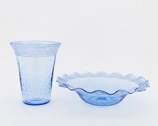 TWO STEUBEN THREADED FLEMISH BLUE GLASS PIECES