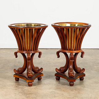 PAIR, REGENCY STYLE JARDINIERES WITH DOLPHIN BASES