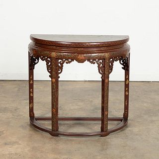 CHINESE RED LACQUERED DEMILUNE TABLE, LANDSCAPE